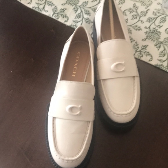 Coach Shoes - Coach White Leather Penny Loafers with Black Soles